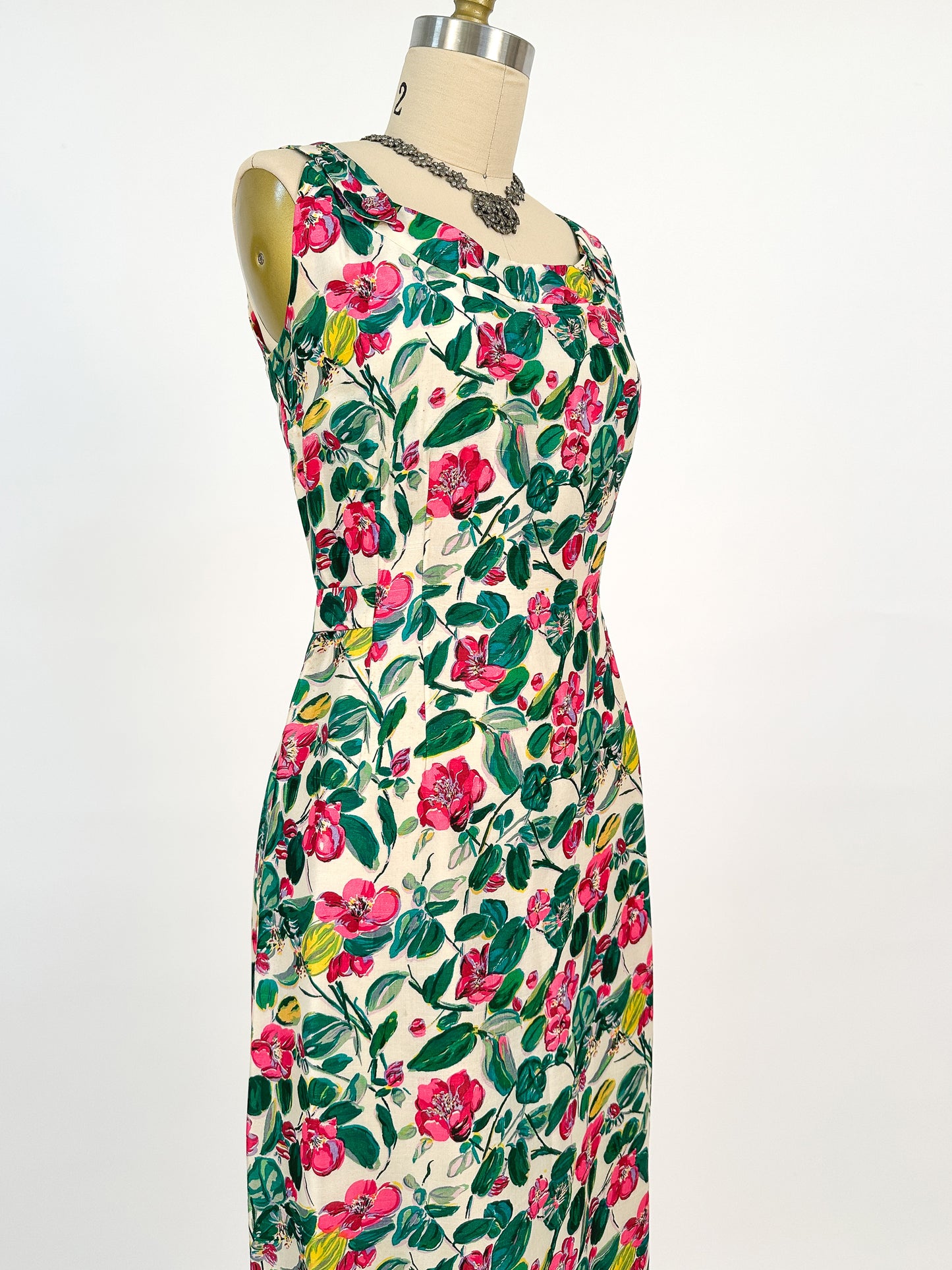 50s Bright Watercolor Floral Dupioni Silk Two Piece Ensemble / Waist 28
