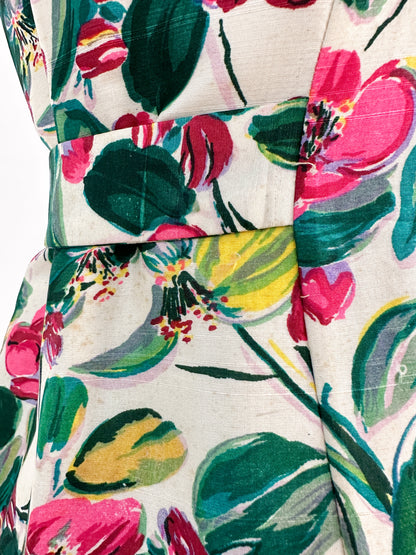 50s Bright Watercolor Floral Dupioni Silk Two Piece Ensemble / Waist 28