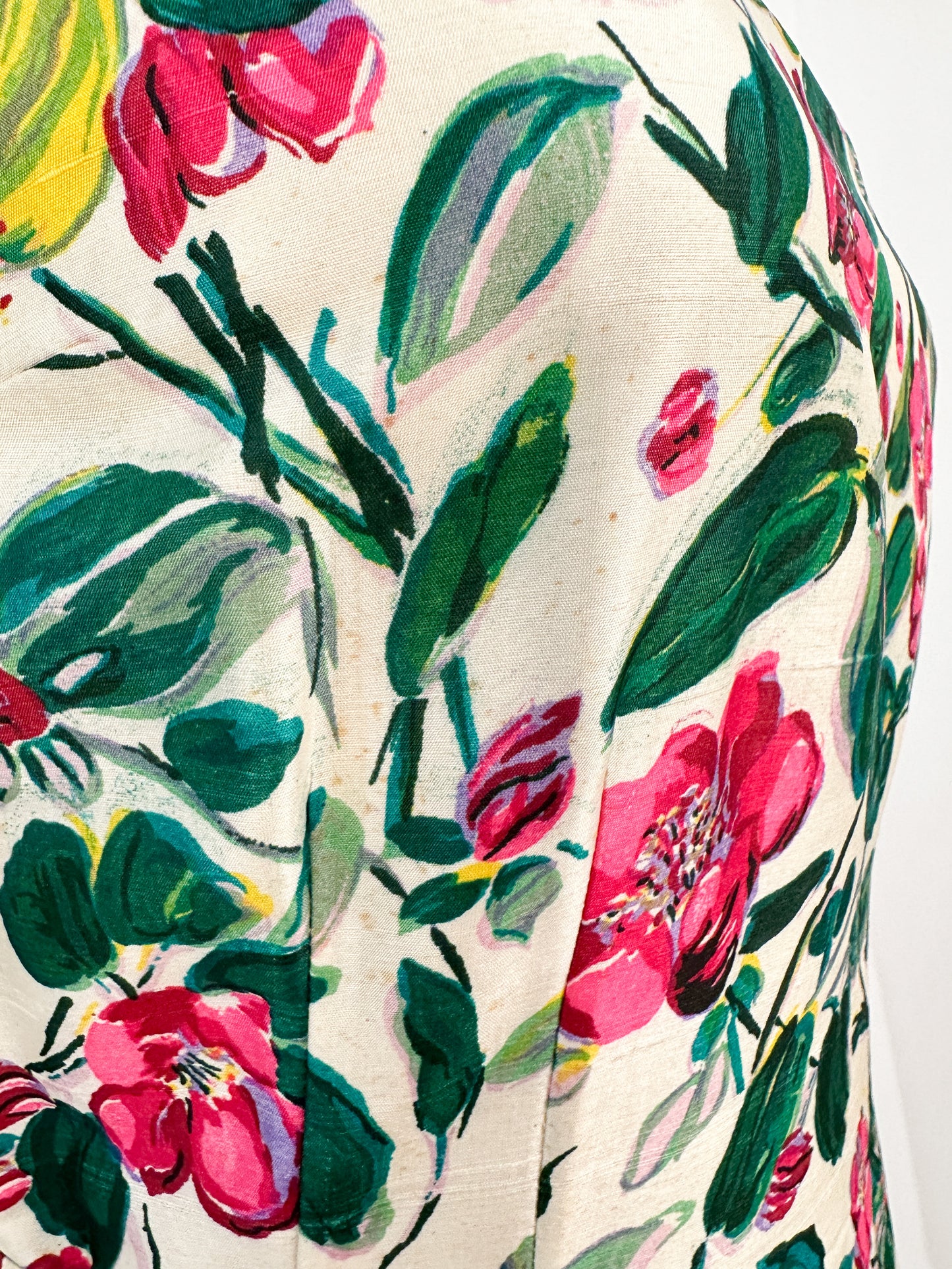 50s Bright Watercolor Floral Dupioni Silk Two Piece Ensemble / Waist 28