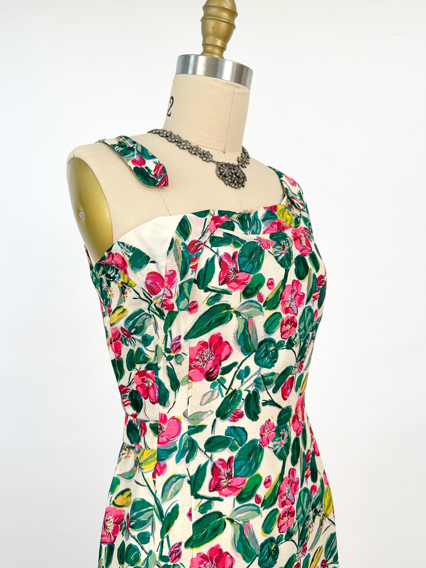 50s Bright Watercolor Floral Dupioni Silk Two Piece Ensemble / Waist 28