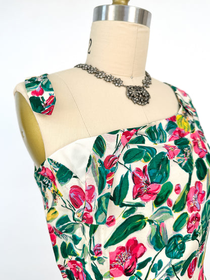 50s Bright Watercolor Floral Dupioni Silk Two Piece Ensemble / Waist 28