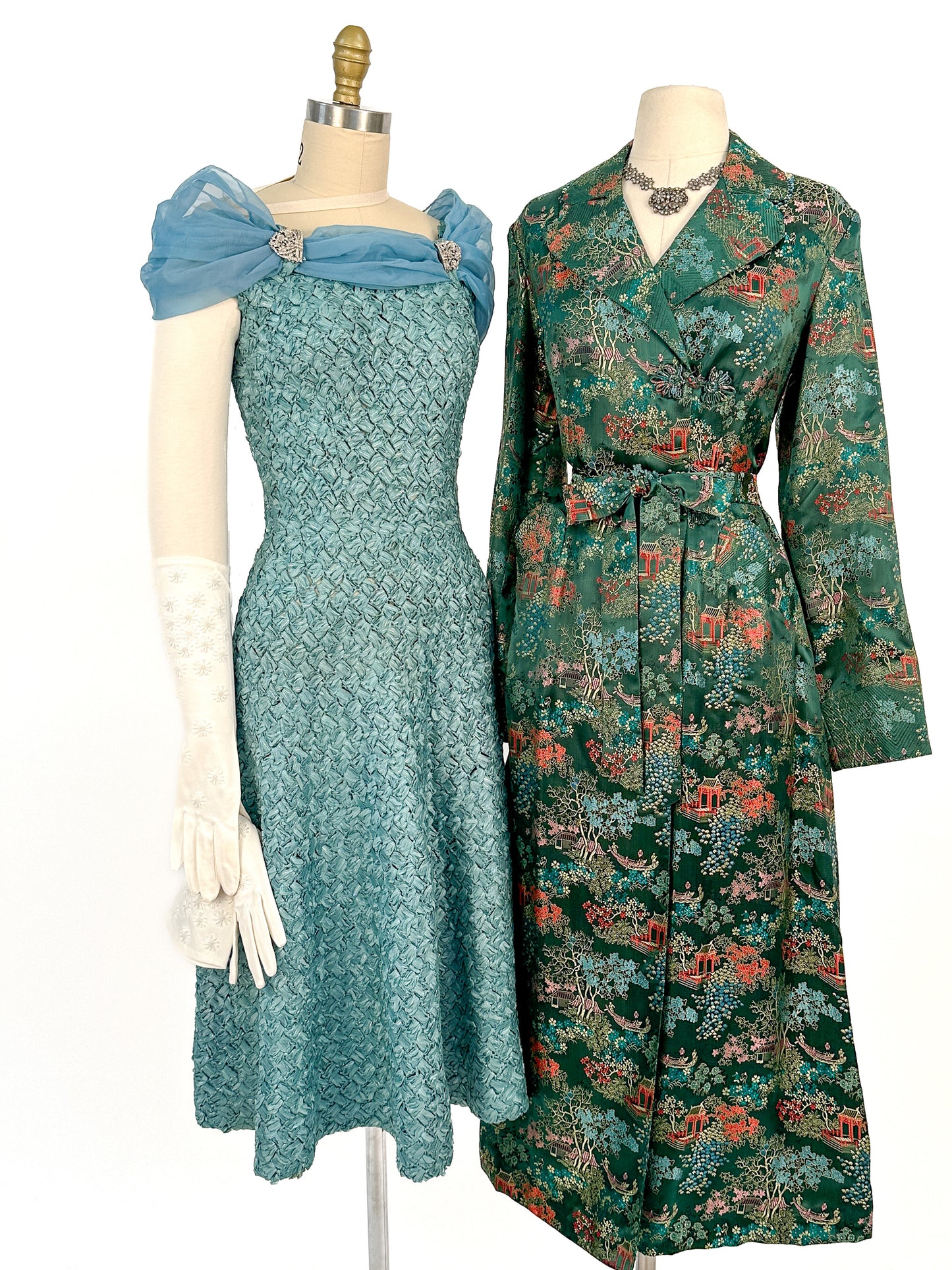 1950-60s Teal Woven Ribbon Dress with Chiffon Wrap / Waist 24