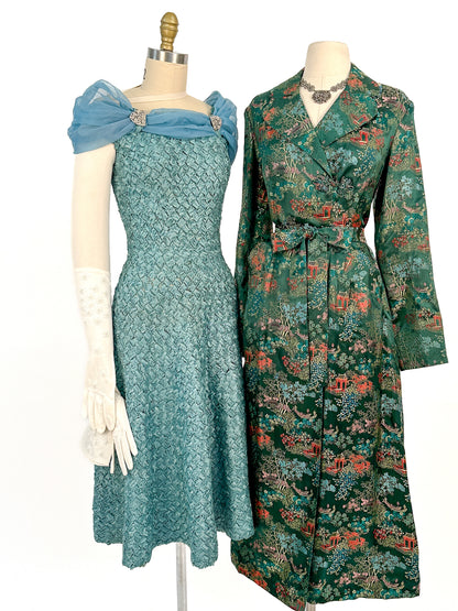 1950-60s Teal Woven Ribbon Dress with Chiffon Wrap / Waist 24