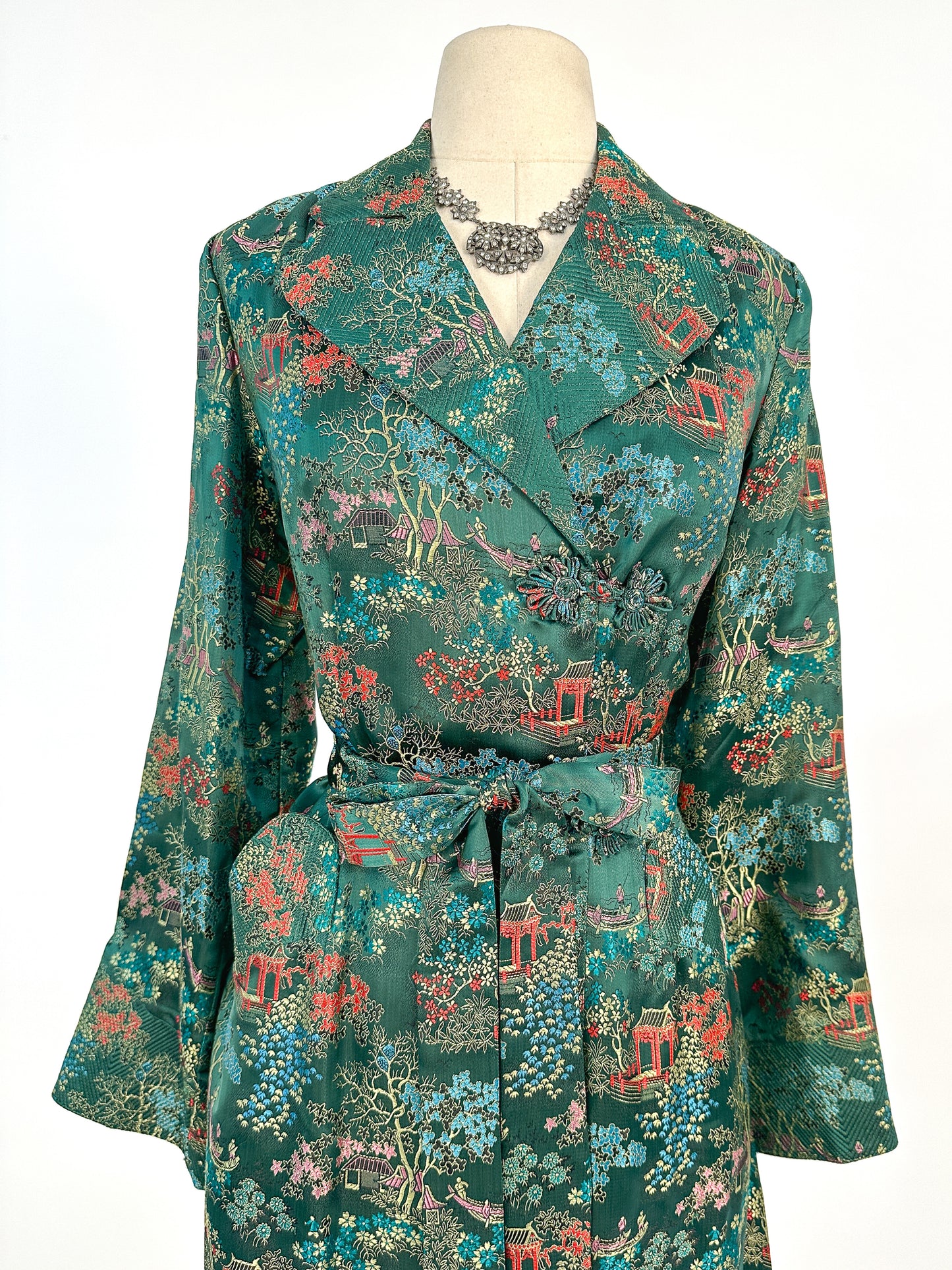 1950s – 60s Deep Green Chinese Silk Brocade Robe / Bust 36