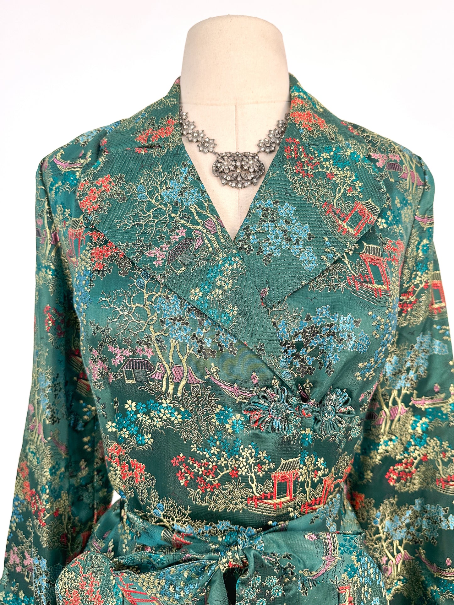 1950s – 60s Deep Green Chinese Silk Brocade Robe / Bust 36