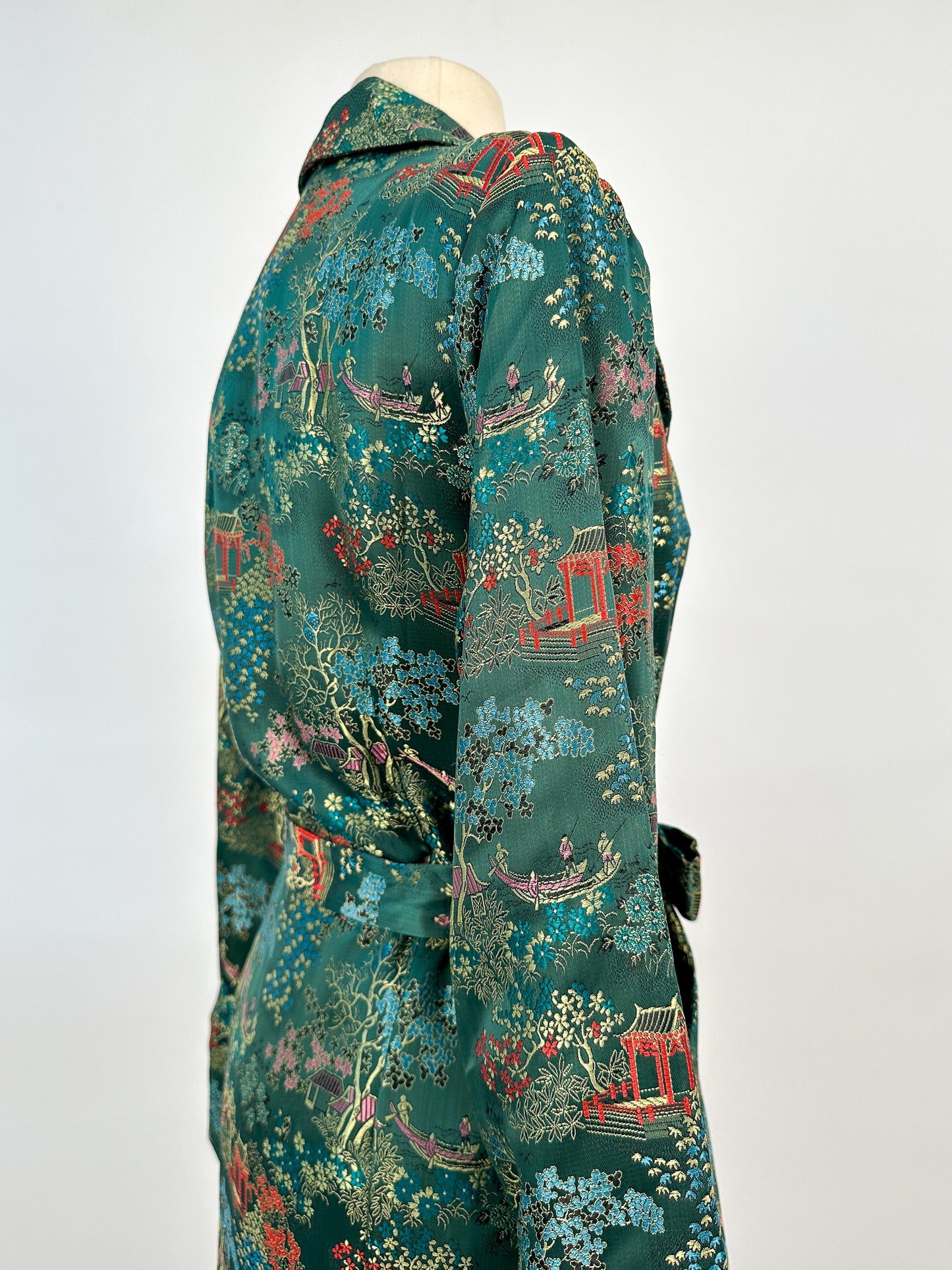 1950s – 60s Deep Green Chinese Silk Brocade Robe / Bust 36