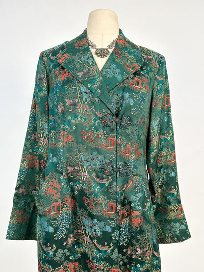 1950s – 60s Deep Green Chinese Silk Brocade Robe / Bust 36
