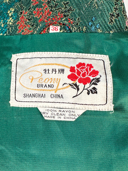 1950s – 60s Deep Green Chinese Silk Brocade Robe / Bust 36