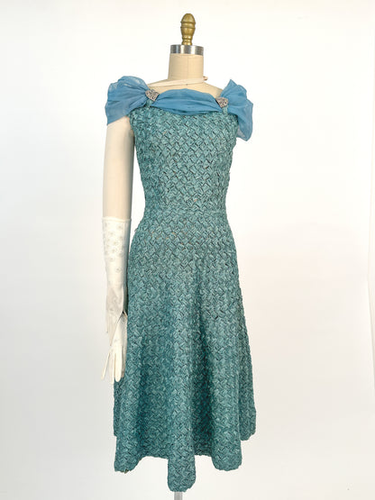 1950-60s Teal Woven Ribbon Dress with Chiffon Wrap / Waist 24