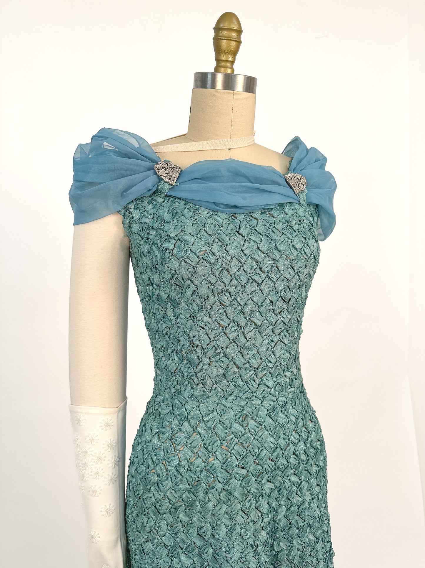 1950-60s Teal Woven Ribbon Dress with Chiffon Wrap / Waist 24