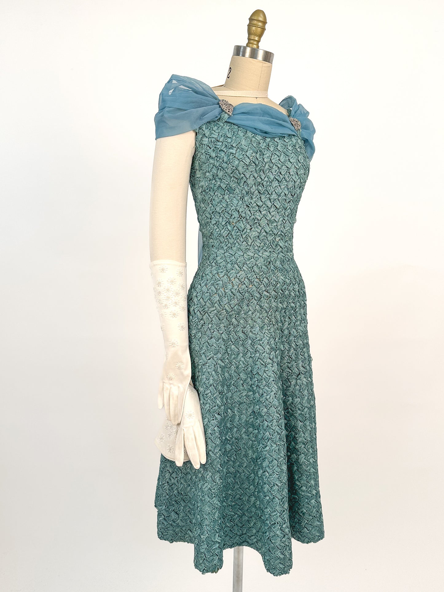 1950-60s Teal Woven Ribbon Dress with Chiffon Wrap / Waist 24