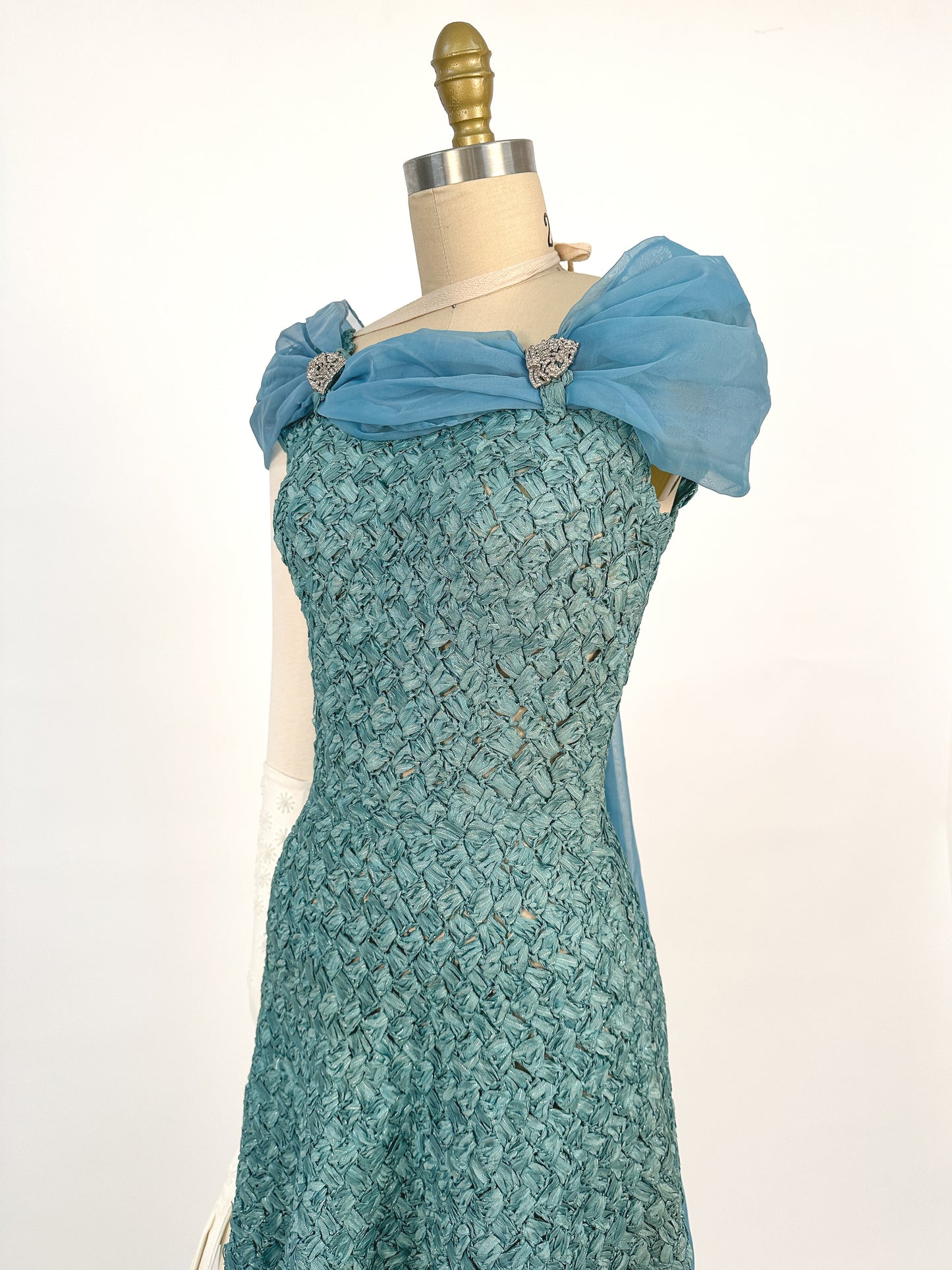 1950-60s Teal Woven Ribbon Dress with Chiffon Wrap / Waist 24