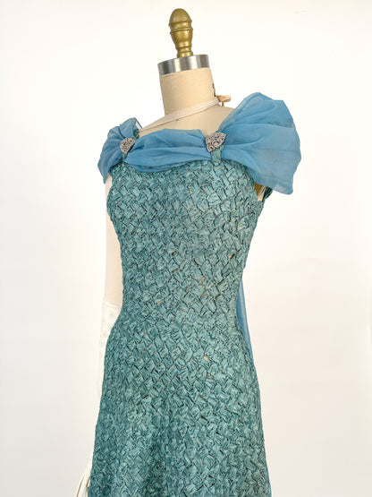 1950-60s Teal Woven Ribbon Dress with Chiffon Wrap / Waist 24
