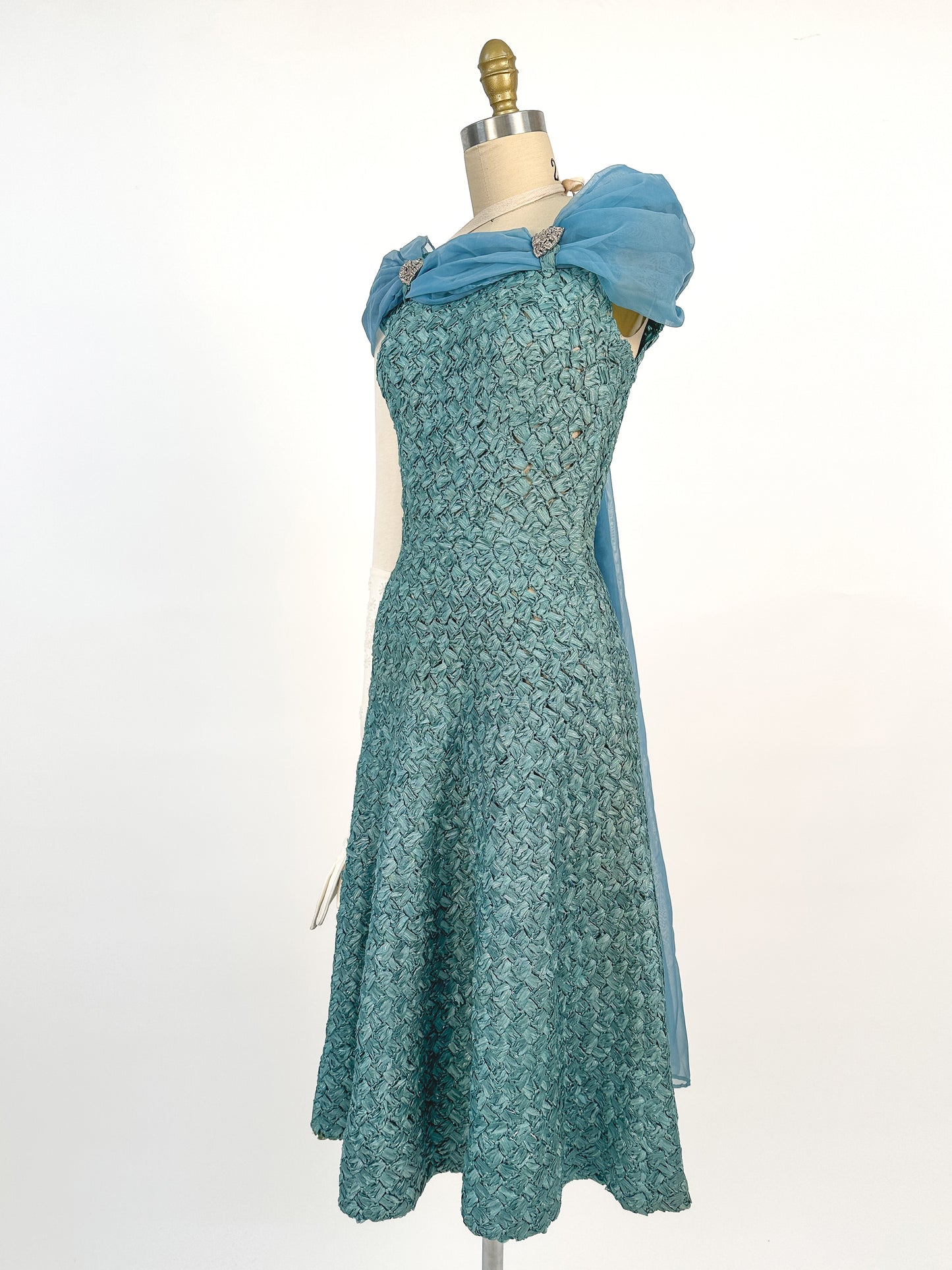 1950-60s Teal Woven Ribbon Dress with Chiffon Wrap / Waist 24