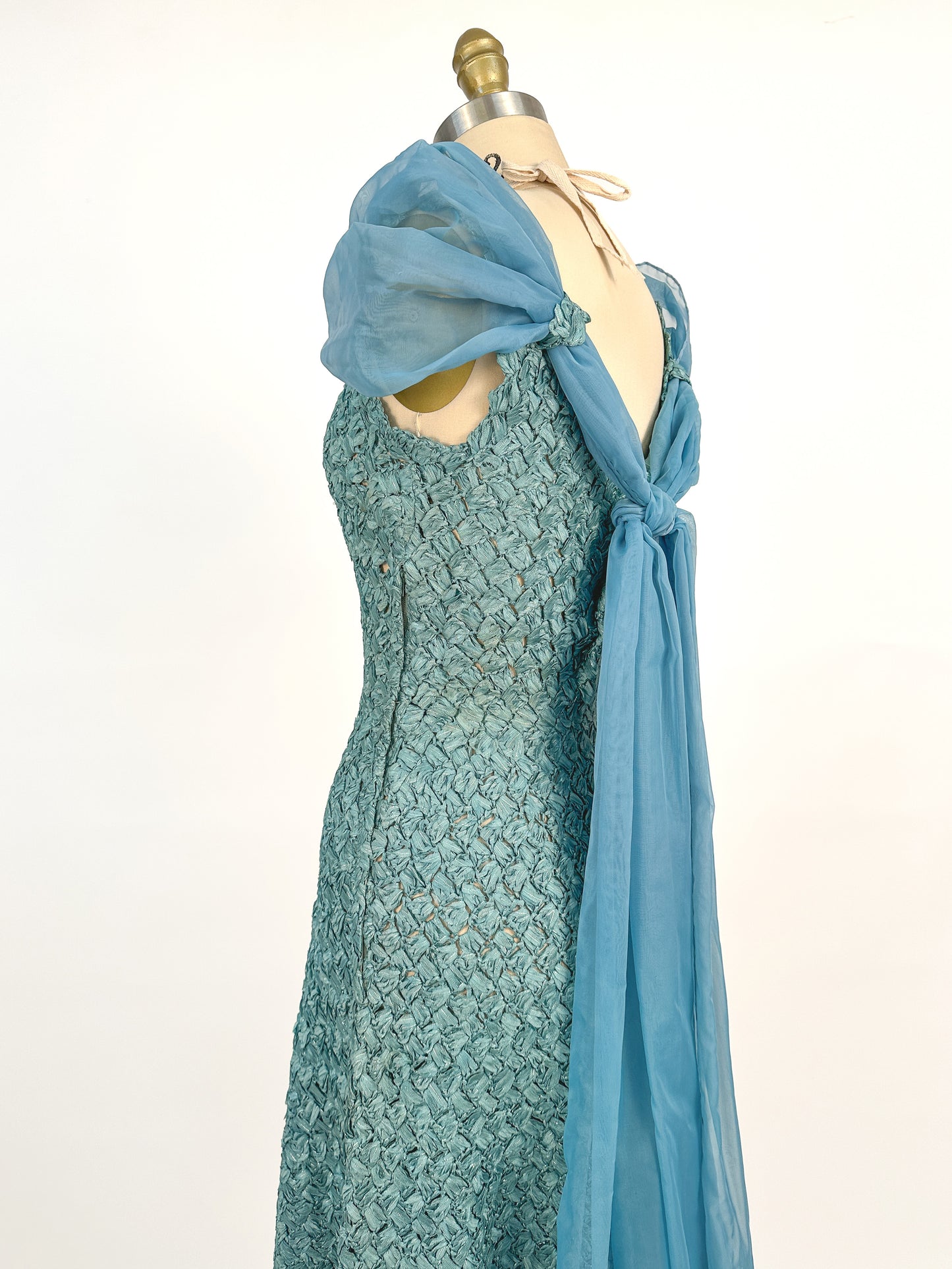 1950-60s Teal Woven Ribbon Dress with Chiffon Wrap / Waist 24
