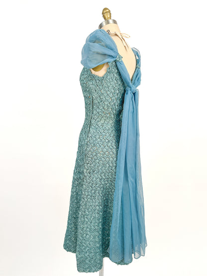 1950-60s Teal Woven Ribbon Dress with Chiffon Wrap / Waist 24