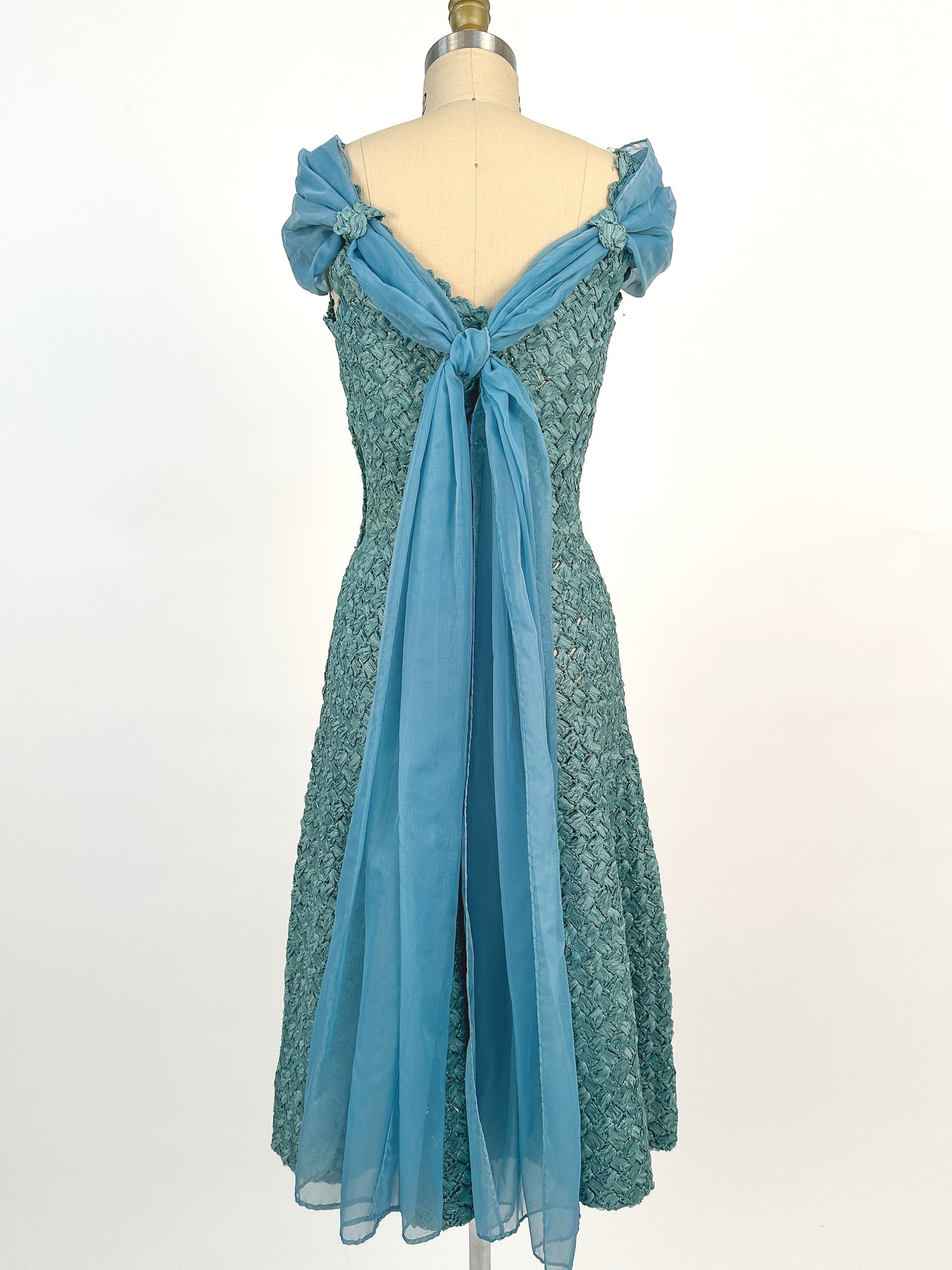 1950-60s Teal Woven Ribbon Dress with Chiffon Wrap / Waist 24