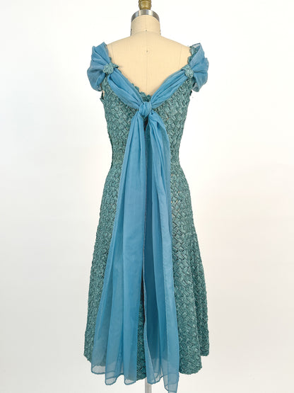 1950-60s Teal Woven Ribbon Dress with Chiffon Wrap / Waist 24