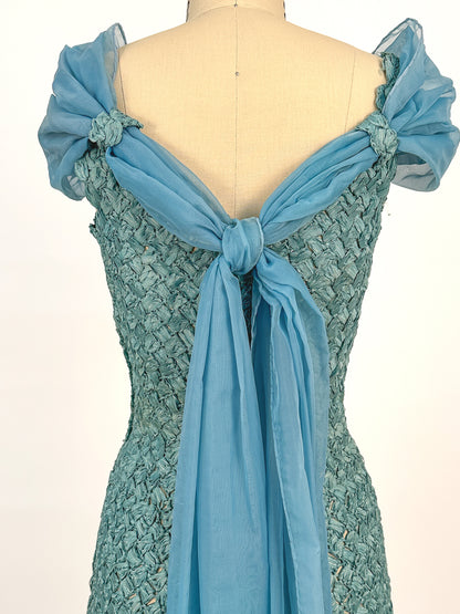 1950-60s Teal Woven Ribbon Dress with Chiffon Wrap / Waist 24