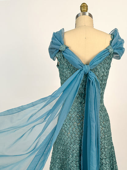 1950-60s Teal Woven Ribbon Dress with Chiffon Wrap / Waist 24