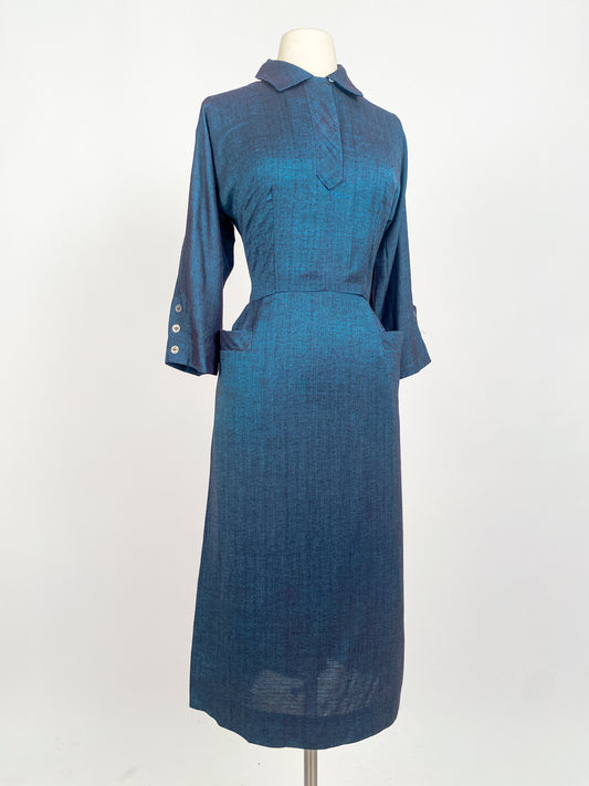 1950s Two-Tone Navy Cotton Dress with Pockets / Waist 28