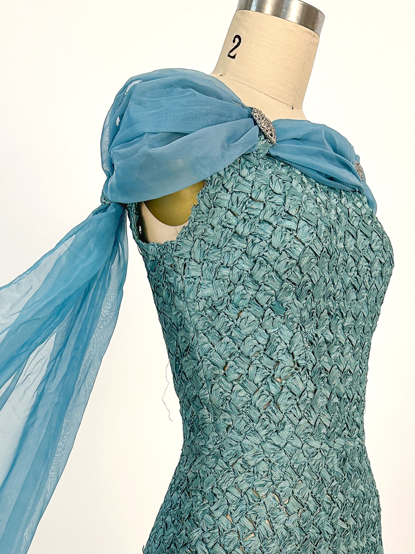 1950-60s Teal Woven Ribbon Dress with Chiffon Wrap / Waist 24