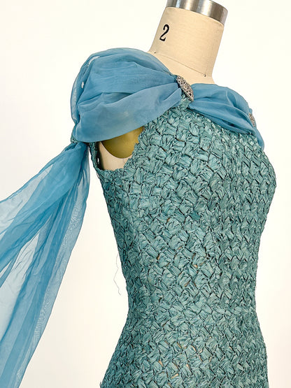 1950-60s Teal Woven Ribbon Dress with Chiffon Wrap / Waist 24