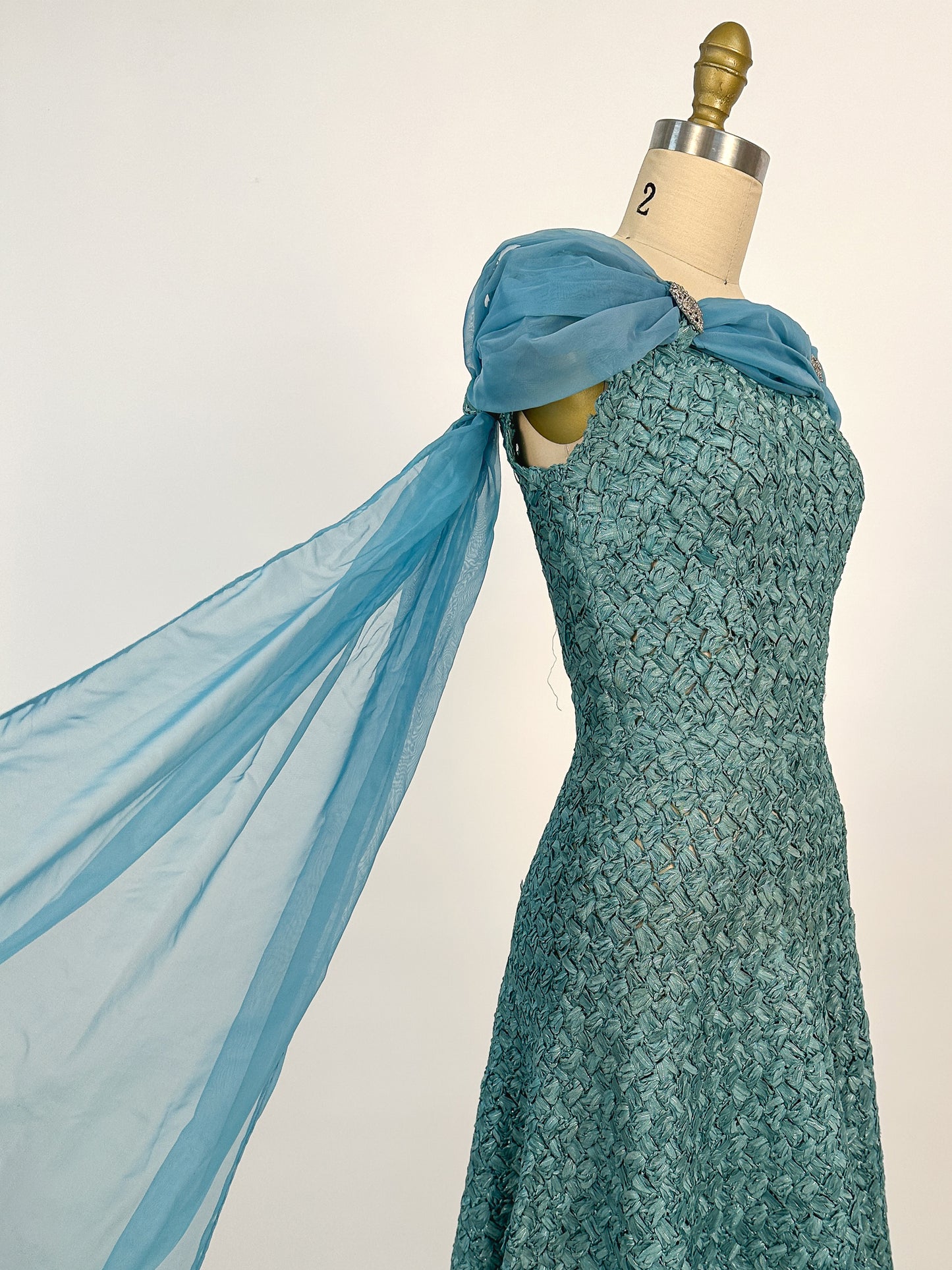 1950-60s Teal Woven Ribbon Dress with Chiffon Wrap / Waist 24