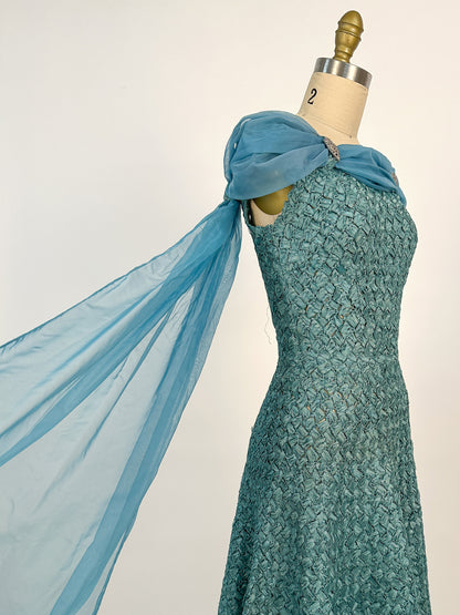 1950-60s Teal Woven Ribbon Dress with Chiffon Wrap / Waist 24