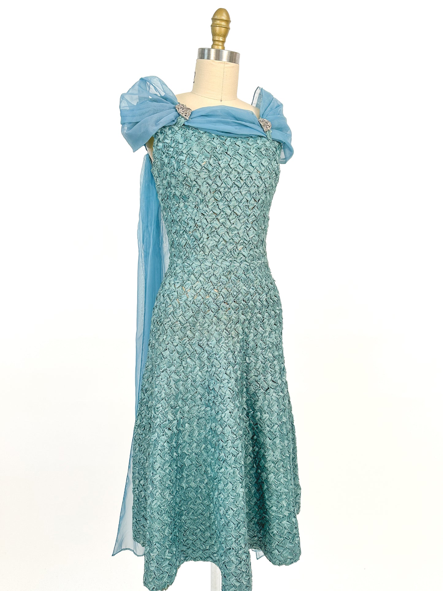 1950-60s Teal Woven Ribbon Dress with Chiffon Wrap / Waist 24