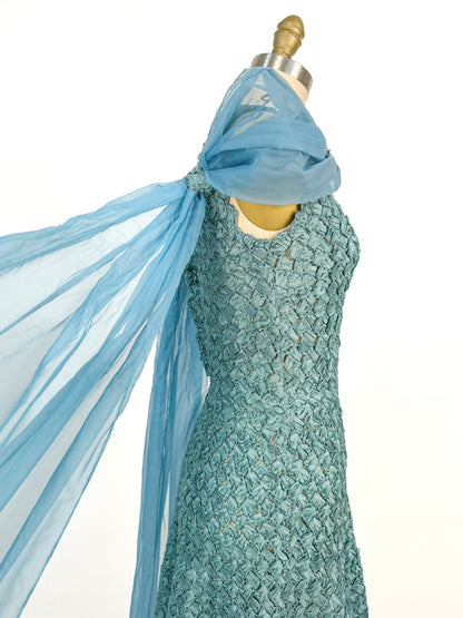 1950-60s Teal Woven Ribbon Dress with Chiffon Wrap / Waist 24