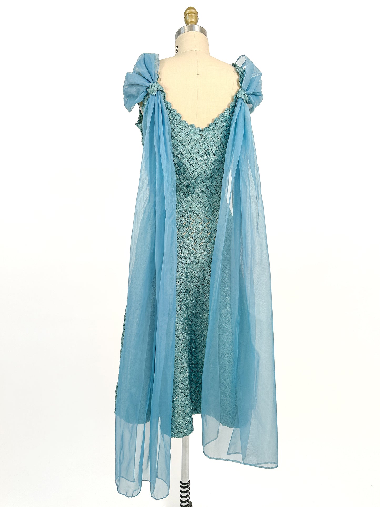 1950-60s Teal Woven Ribbon Dress with Chiffon Wrap / Waist 24