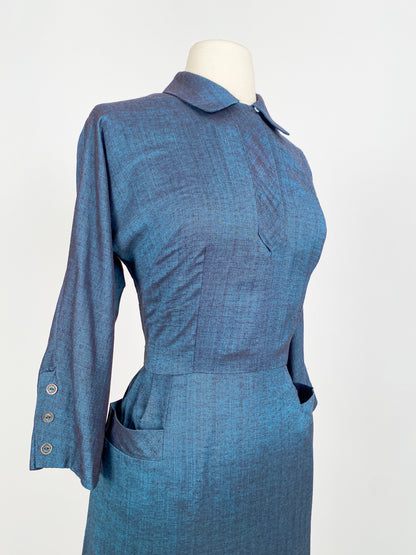 1950s Two-Tone Navy Cotton Dress with Pockets / Waist 28