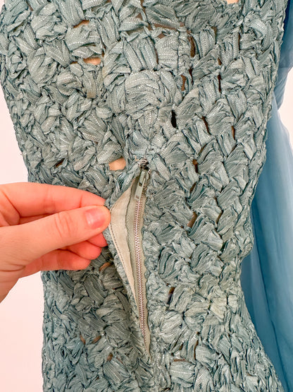 1950-60s Teal Woven Ribbon Dress with Chiffon Wrap / Waist 24