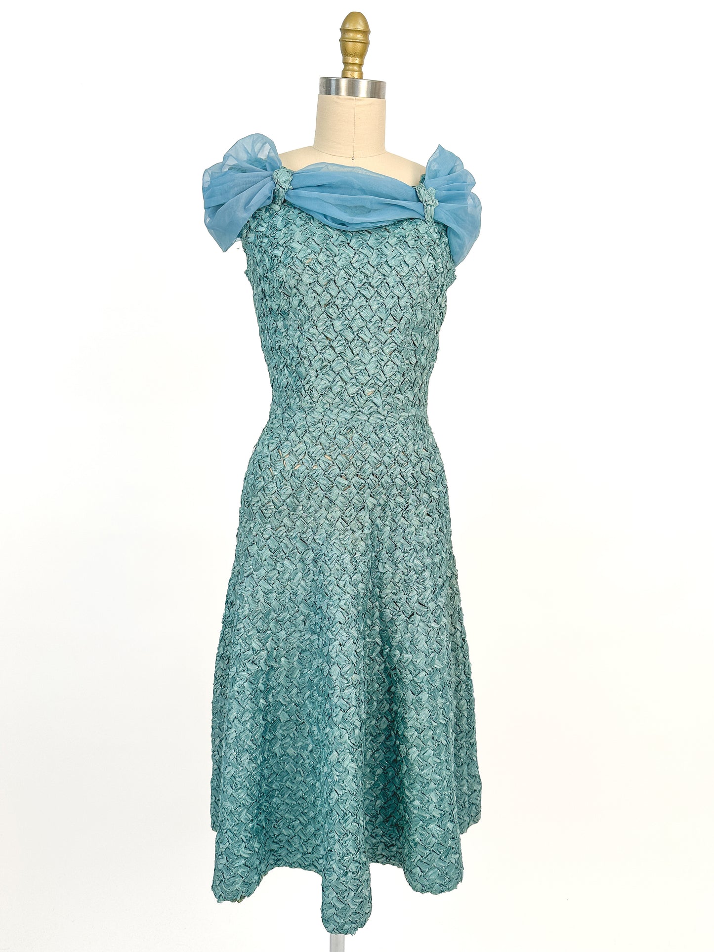 1950-60s Teal Woven Ribbon Dress with Chiffon Wrap / Waist 24