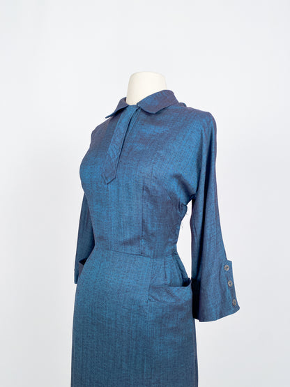 1950s Two-Tone Navy Cotton Dress with Pockets / Waist 28