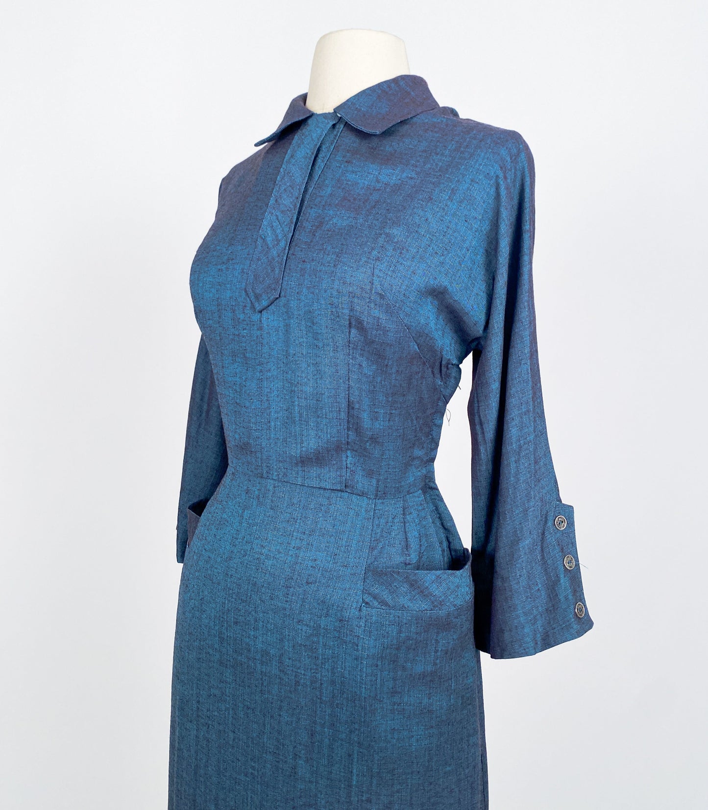 1950s Two-Tone Navy Cotton Dress with Pockets / Waist 28