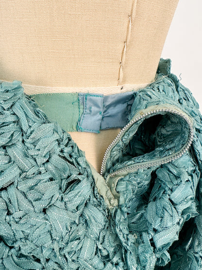 1950-60s Teal Woven Ribbon Dress with Chiffon Wrap / Waist 24
