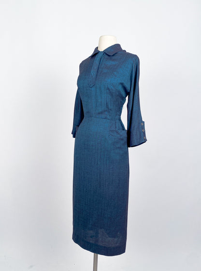 1950s Two-Tone Navy Cotton Dress with Pockets / Waist 28