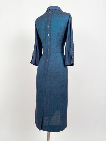1950s Two-Tone Navy Cotton Dress with Pockets / Waist 28