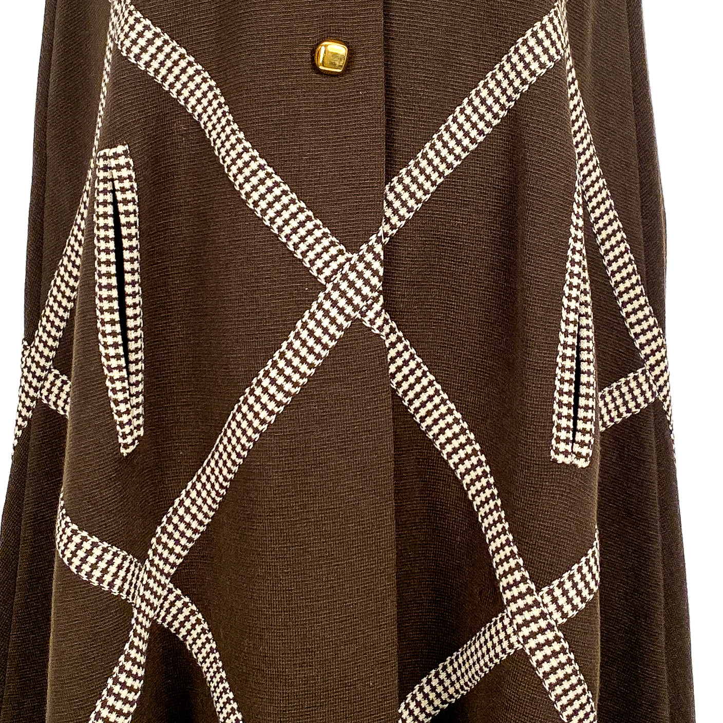 1960s Brown Wool Cape with Checkered Trim / One Size