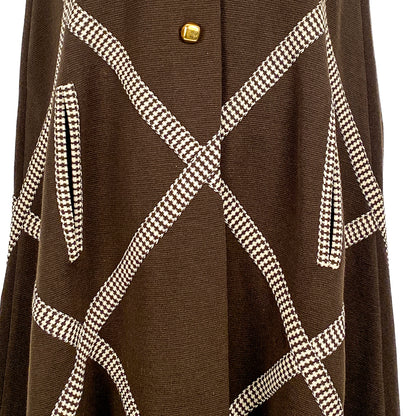 1960s Brown Wool Cape with Checkered Trim / One Size