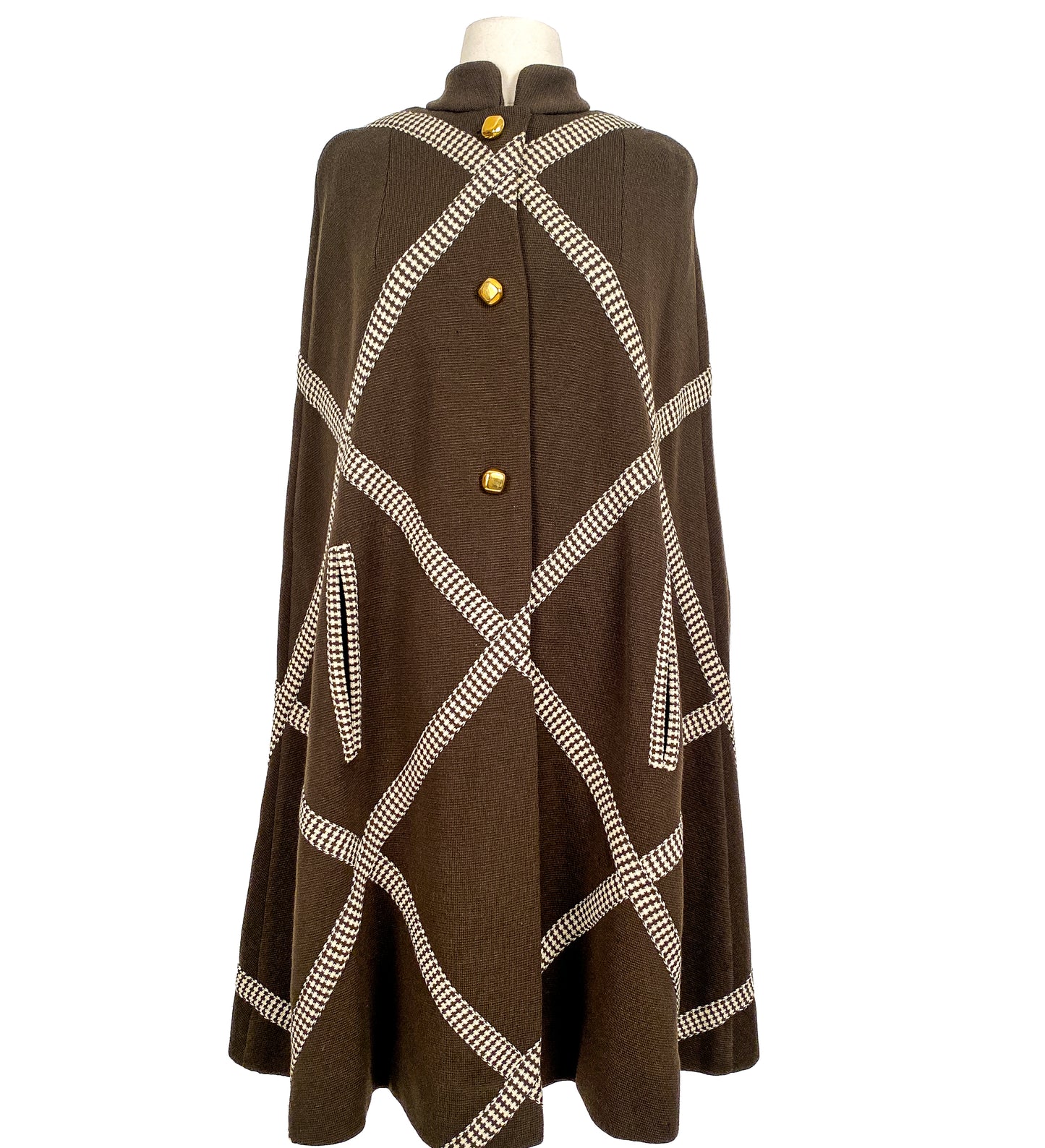 1960s Brown Wool Cape with Checkered Trim / One Size