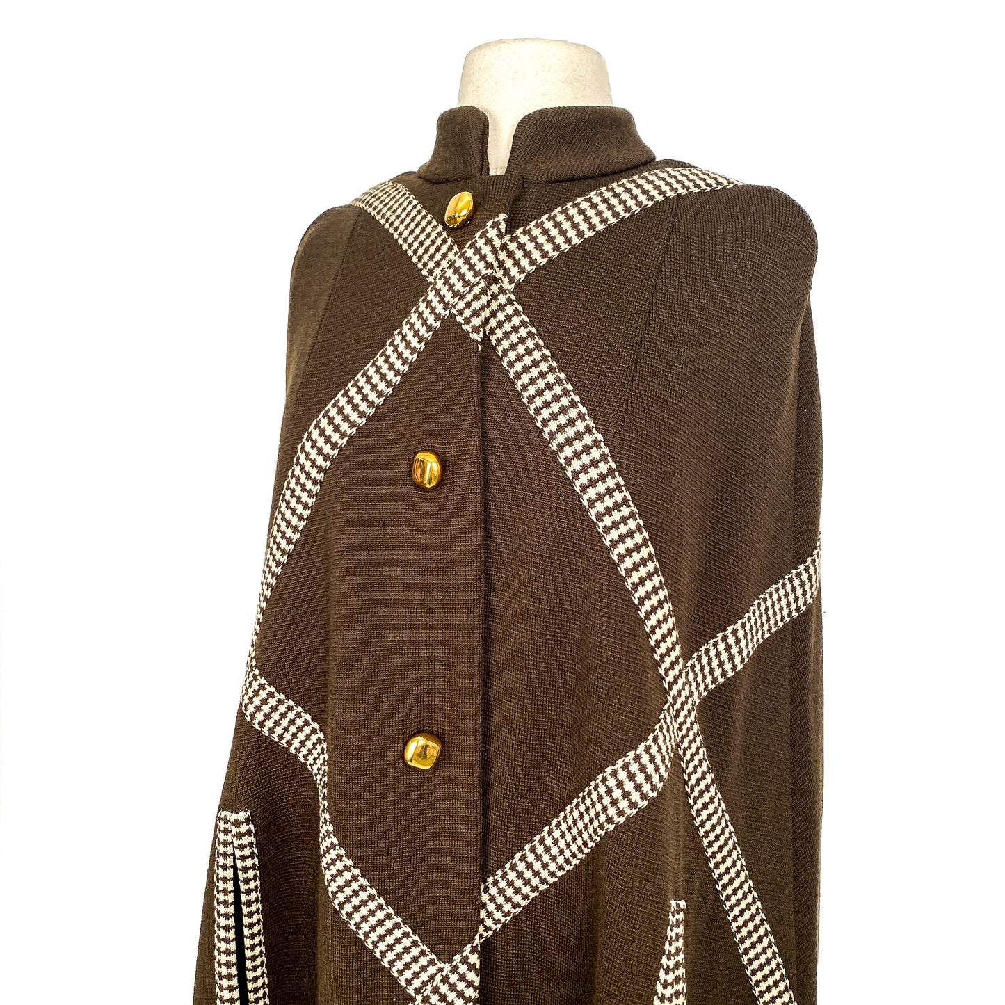 1960s Brown Wool Cape with Checkered Trim / One Size