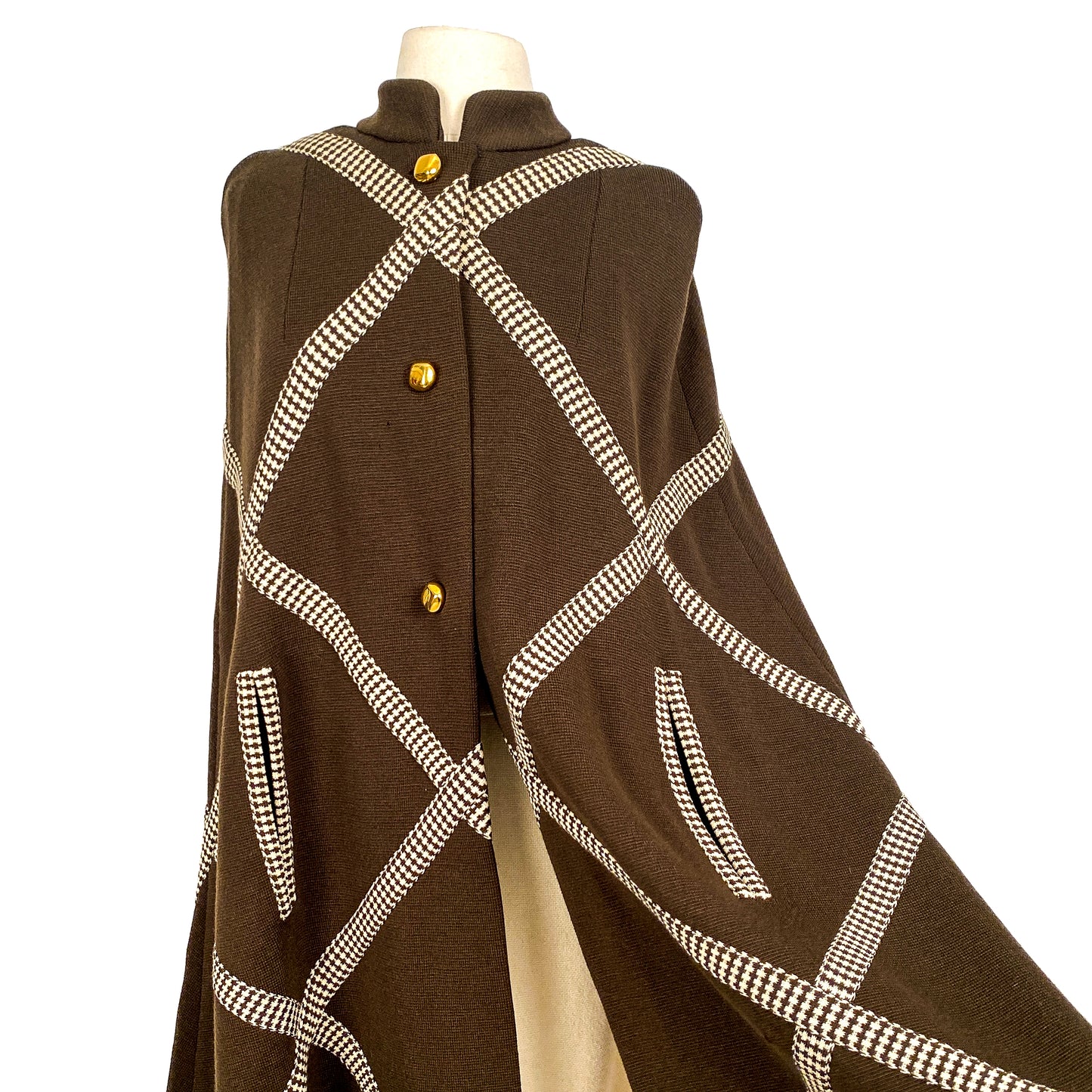 1960s Brown Wool Cape with Checkered Trim / One Size