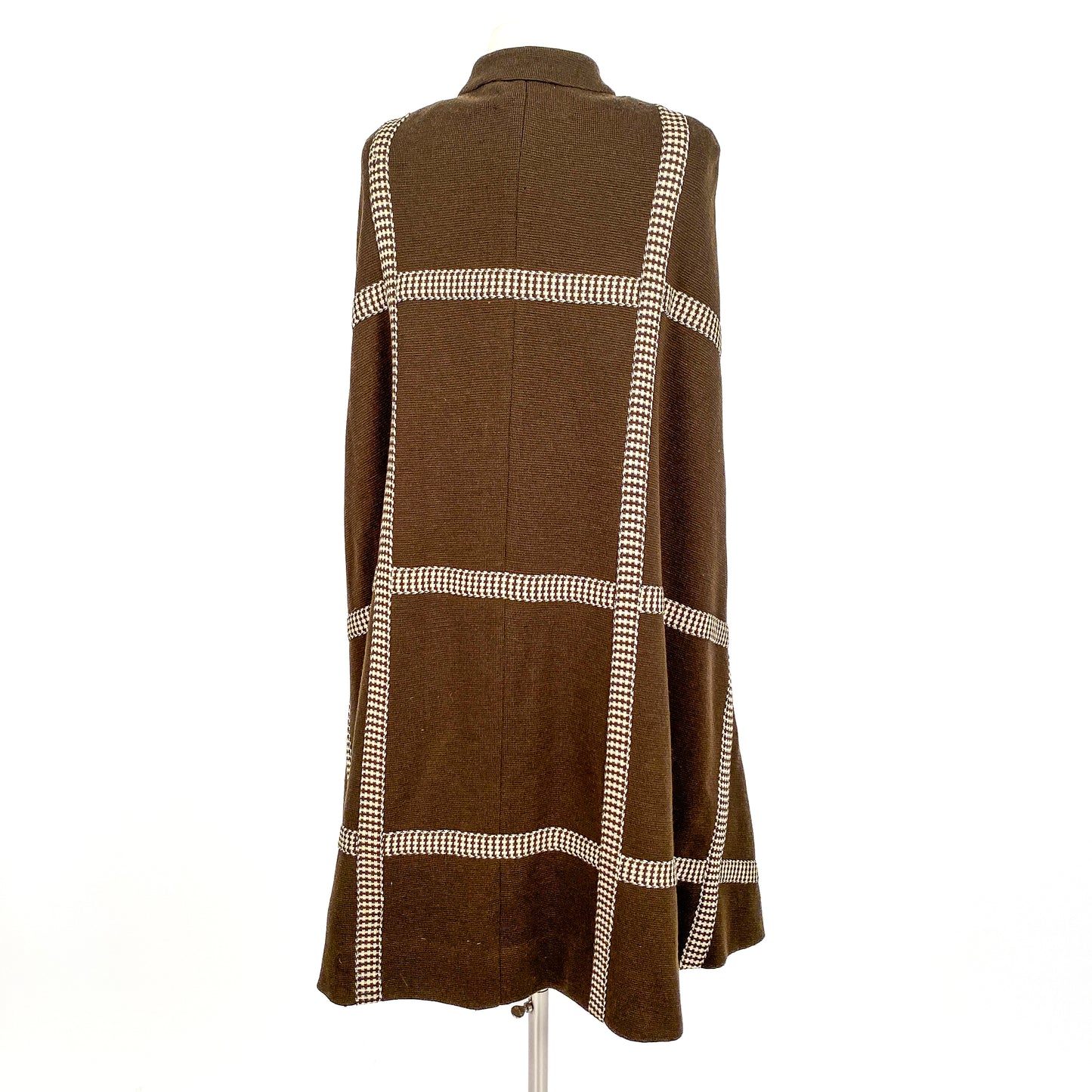 1960s Brown Wool Cape with Checkered Trim / One Size