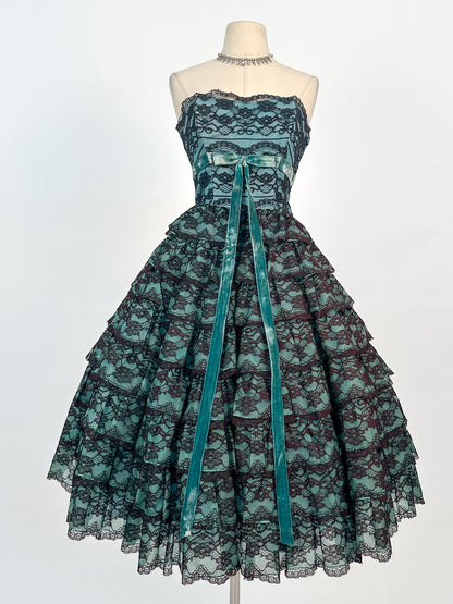 1950s Dreamy Black Lace and Teal Organza Tiered Ball Gown / Waist 24