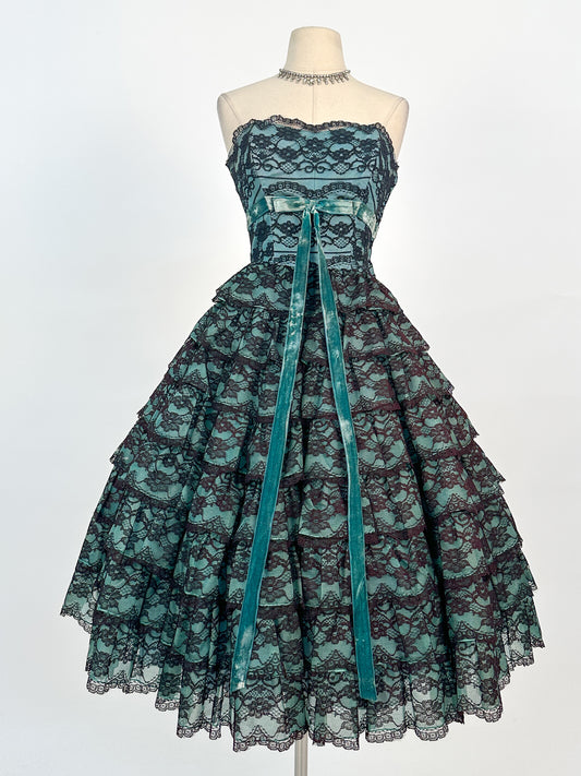 1950s Dreamy Black Lace and Teal Organza Tiered Ball Gown / Waist 24