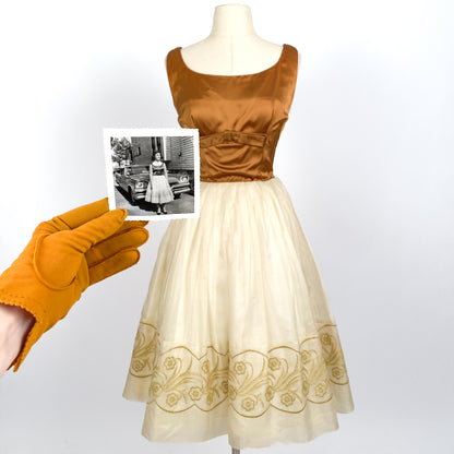 1950s Copper Satin and Ivory Organza Dress / Waist 26