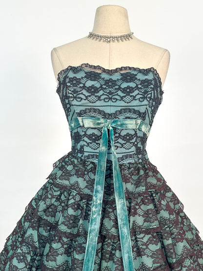 1950s Dreamy Black Lace and Teal Organza Tiered Ball Gown / Waist 24